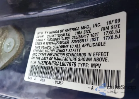 2010 Honda Cr-V Ex из США, поврежденный, VIN 5J6RE4H5XAL007676